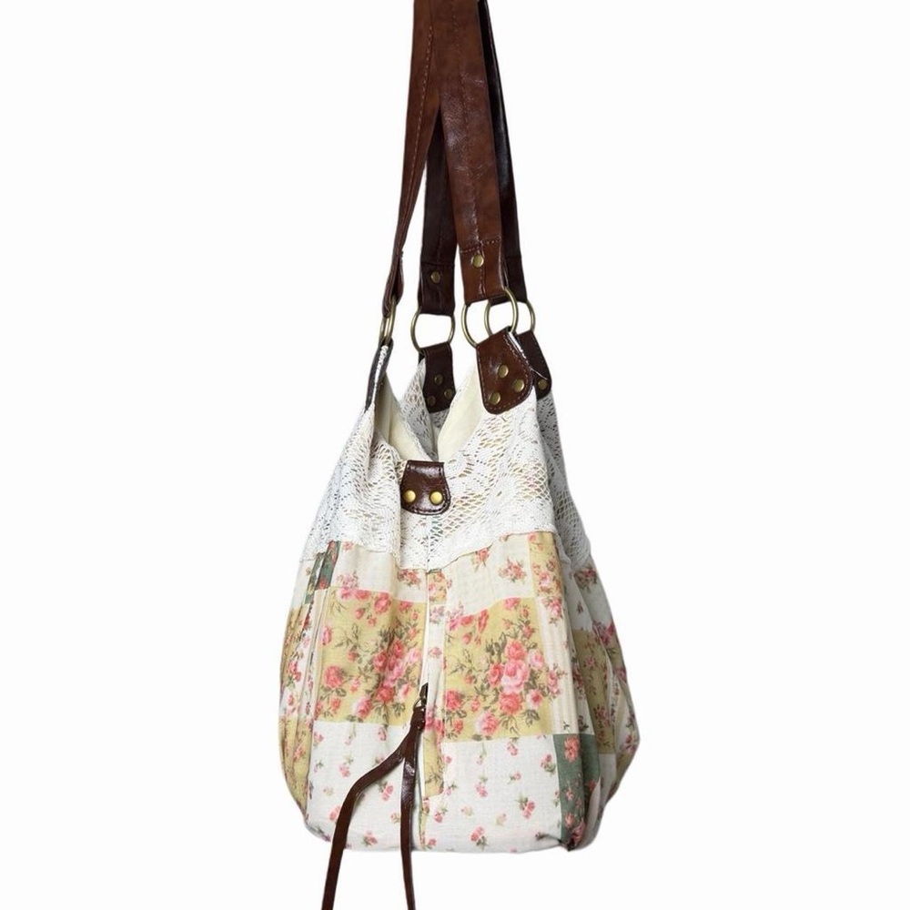 Boho Floral Patchwork Lace Cream Tote Bag Cottagecore Festival Indie Western Y2K - Picture 4 of 6